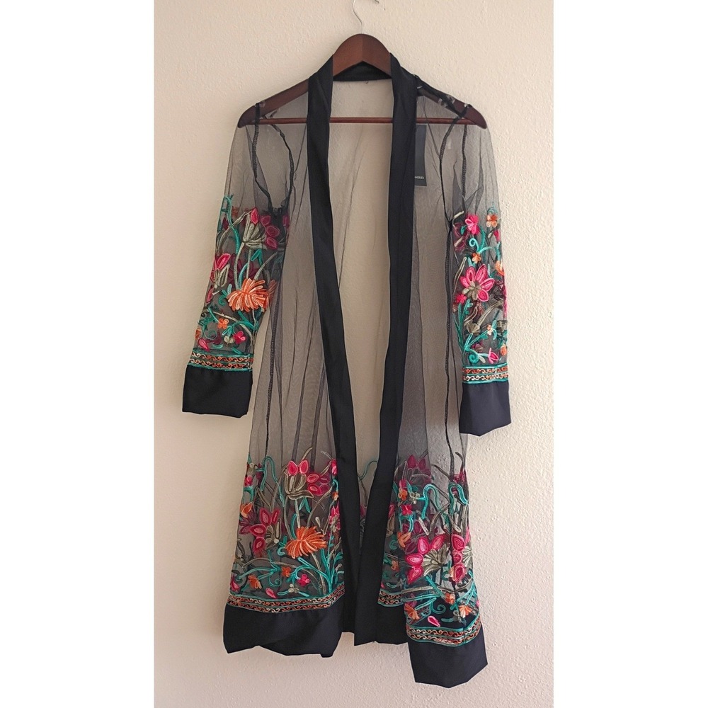 LIV LOS ANGELES Embroidered Mesh Floral Sheer Kimono Duster Cardigan Black L